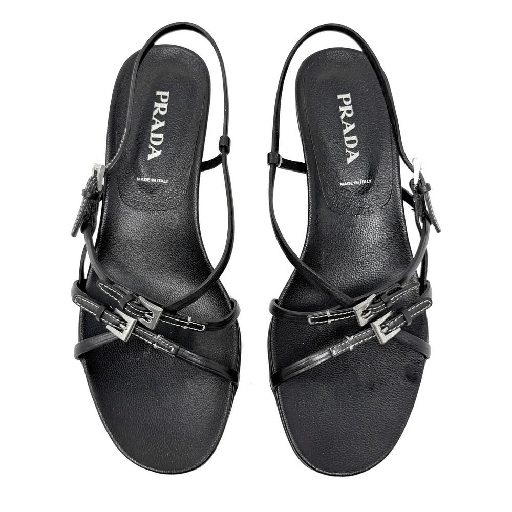 Prada Y2K Black Strappy Kitten Heel Sandals Slingback Buckle 37 - Picture 1 of 8